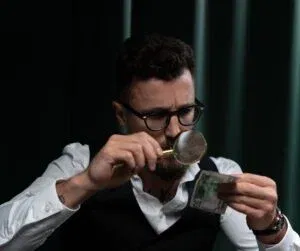 A man wearing glasses scrutinizes a banknote with a magnifying glass, against a green curtain backdrop, demonstrating his keen attention to detail crucial for preventing employee theft.