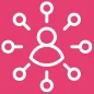 Icon of a person surrounded by connected circles on a pink background, representing a network or communication.