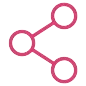 A pink share icon with three interconnected circles and lines, forming a triangular shape.