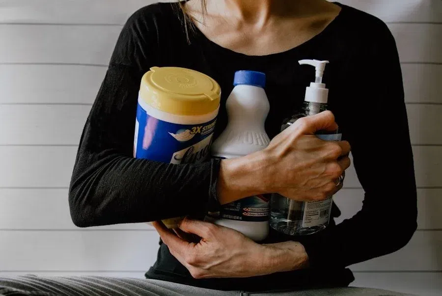 Person holding disinfectant wipes, a bleach bottle, and a pump bottle of hand sanitizer against their chest.