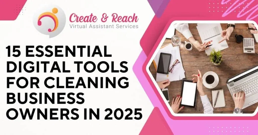 A group of people working at a desk with laptops, tablets, and paper, alongside the text