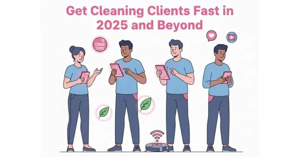 Four people holding phones stand under the text “Get Cleaning Clients Fast in 2025 and Beyond,” surrounded by icons representing cleaning and digital tools.