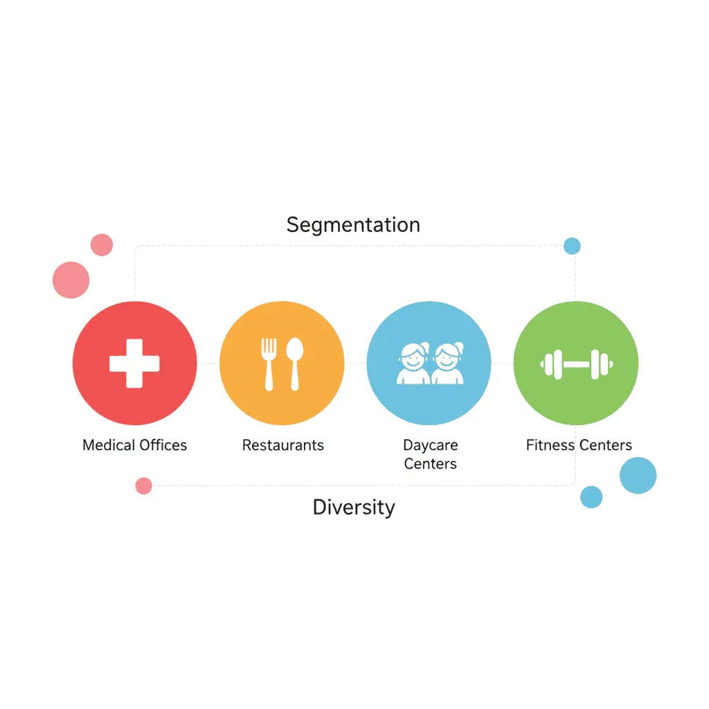 Diagram shows four colored circles labeled Medical Offices, Restaurants, Daycare Centers, and Fitness Centers, under 
