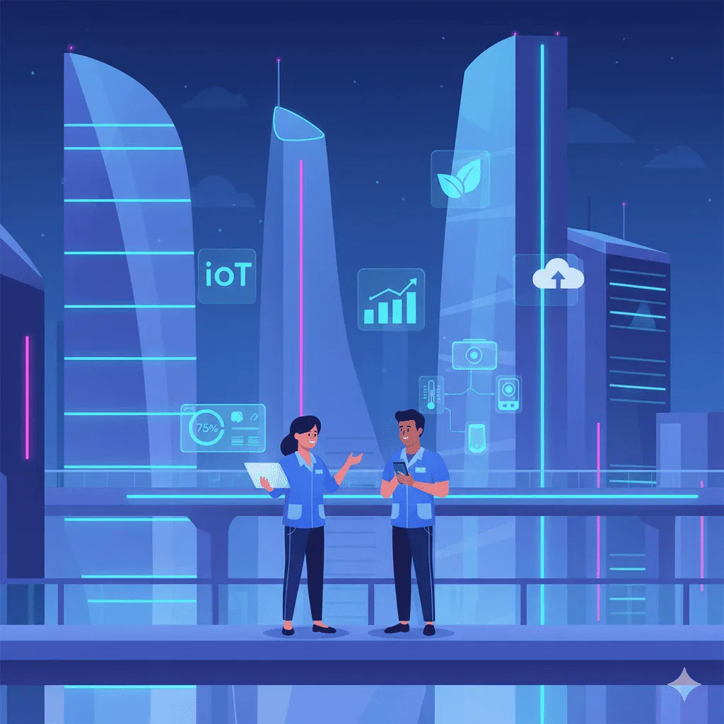 Two professionals discuss data on tablets in a futuristic cityscape with glowing digital icons representing technology and sustainability.