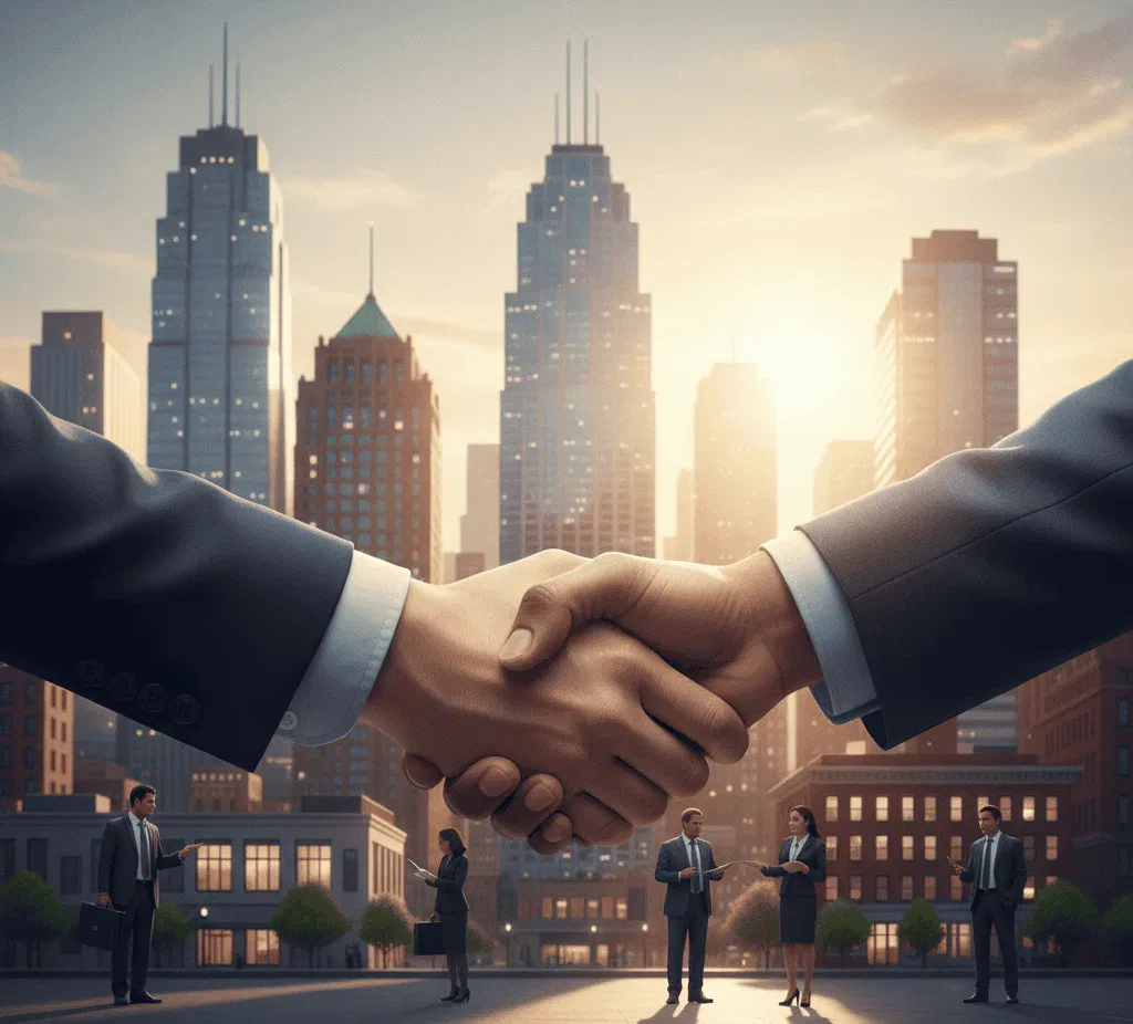Two people in business suits shake hands in the foreground of a cityscape, with several other professionals standing and conversing in the background at sunset.