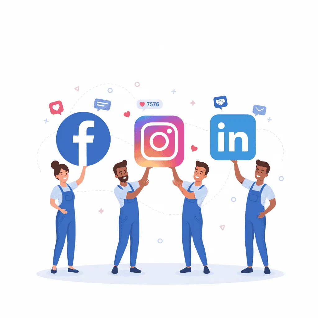 Four people in blue overalls hold large icons of Facebook, Instagram, and LinkedIn, with social media symbols floating in the background.
