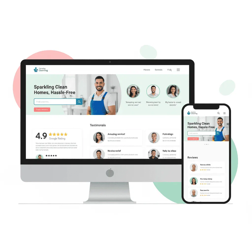 A computer monitor and smartphone display a cleaning service website with a smiling man, navigation menus, testimonials, and customer reviews.