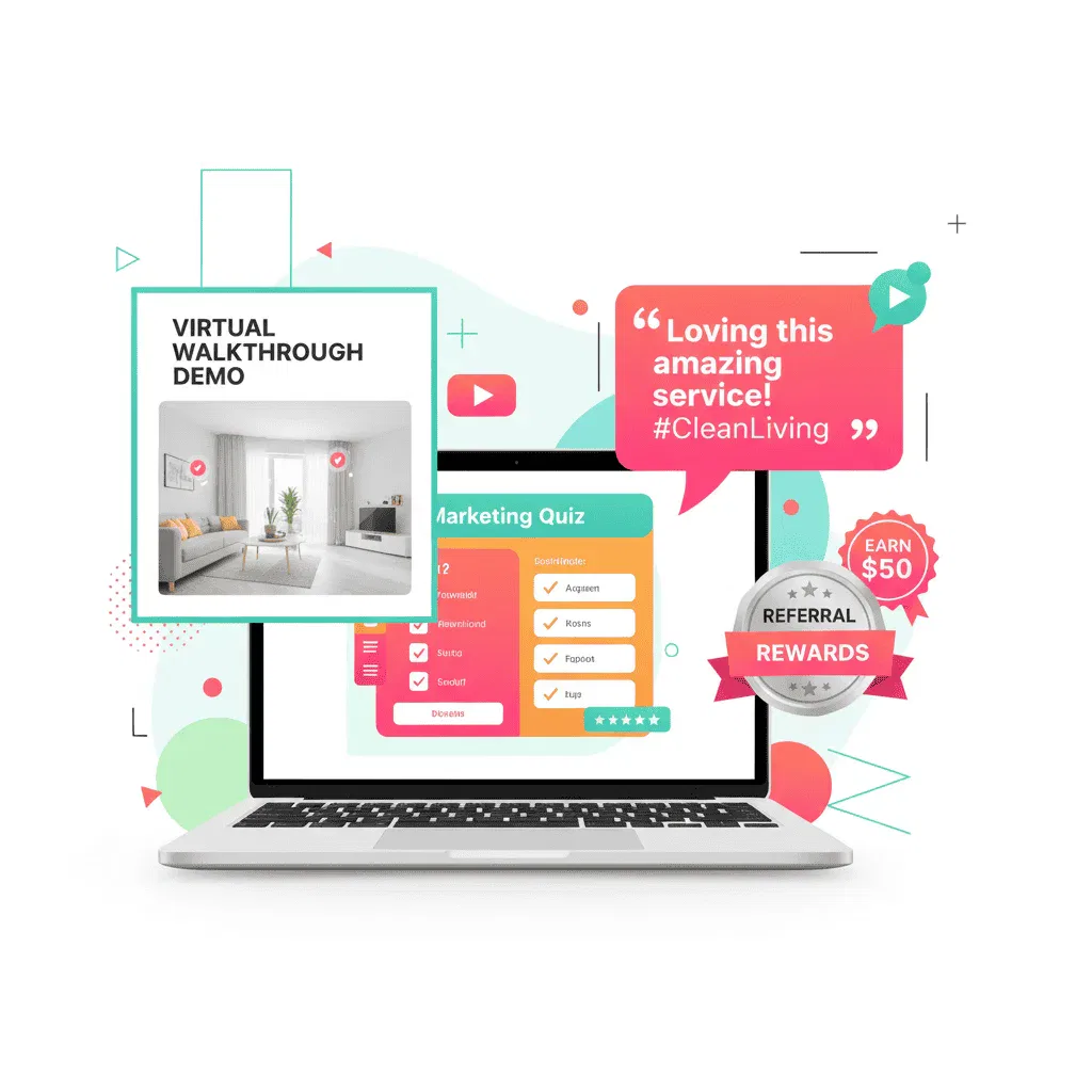 A laptop displays a marketing quiz; nearby graphics promote a virtual walkthrough demo, a $50 referral reward, and a positive customer testimonial.