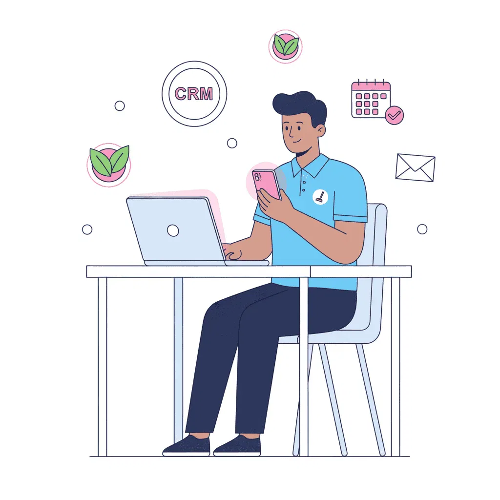Illustration of a person sitting at a desk using a laptop and smartphone, surrounded by icons for CRM, calendar, leaf, and email.