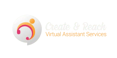 Logo for Create & Reach Virtual Assistant Services with abstract icon and white text on a dark background.