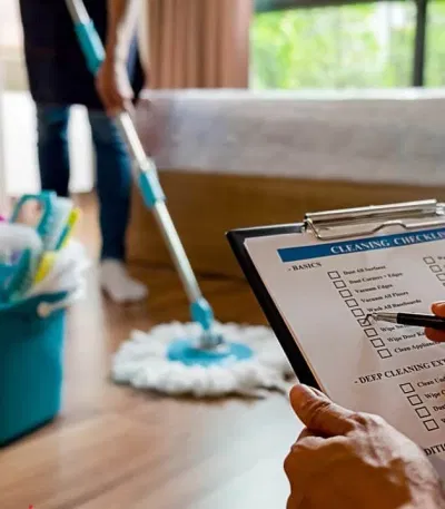 A person mops the floor while a clipboard with a checklist sits in the foreground, surrounded by cleaning supplies—an efficient scene perfected by a Virtual Assistant for Cleaning Business.