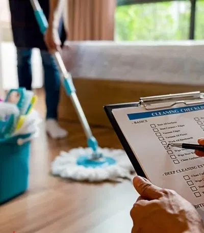 A person mops the floor while a clipboard with a checklist sits in the foreground, surrounded by cleaning supplies—an efficient scene perfected by a Virtual Assistant for Cleaning Business.