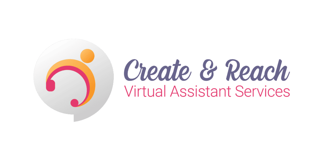 Logo with abstract human figure icon and the text "Create & Reach Virtual Assistant Services" in purple and pink.