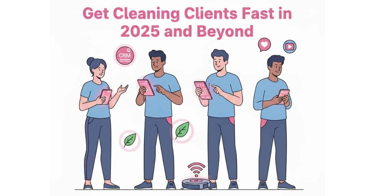 Four people holding phones stand under the text “Get Cleaning Clients Fast in 2025 and Beyond,” surrounded by icons representing cleaning and digital tools.